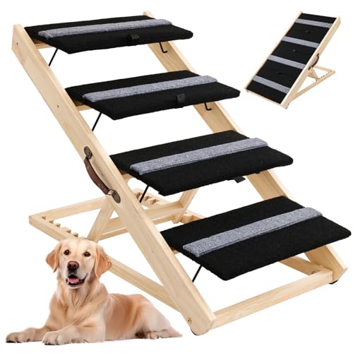 Faltbare Hundetreppe & Rampe aus Holz mit 4 Stufen, Teppichboden Haustiertreppe für Hochbetten, Autos & Couches, Tragbare Haustierleiter für kleine, mittelgroße und große Hunde/Katzen, unterstützt bis von FYRVEXENZI