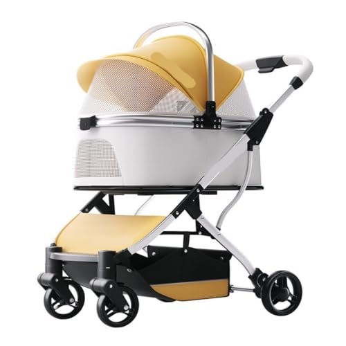 Hunde Kinderwagen Leichter, Zusammenklappbarer Haustier-Kinderwagen, Hunde- Und Katzentasche, Doppellagiger Out-and-Out-Kinderwagen, Praktischer Haustier-Kinderwagen Katzen Kinderwagen(Yellow) von FYSXCXS