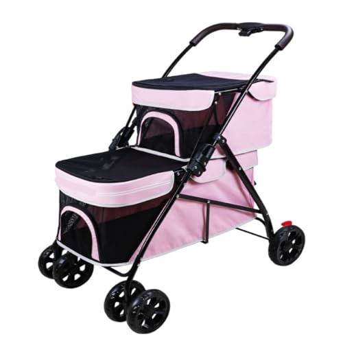 Hunde Kinderwagen Leichter Zusammenklappbarer Haustier-Kinderwagen, Hunde- Und Katzentasche, Doppellagiger Out-and-Out-Kinderwagen, Praktischer Haustier-Kinderwagen Katzen Kinderwagen(Pink) von FYSXCXS