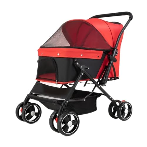 Hunde Kinderwagen Reversibler Haustier-Kinderwagen for Hunde Und Katzen, Leichter, Faltbarer Outdoor-Haustier-Kinderwagen, Kleiner Hunde-Kinderwagen Katzen Kinderwagen(Red) von FYSXCXS