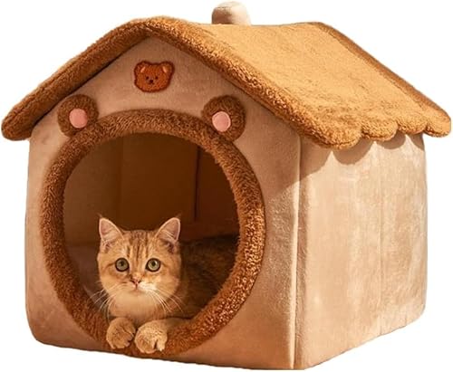 Katzenbett Höhle, niedliche Bärenform Katzenbetten für Indoor-Katzen, Katzenhaus Katzenzelt mit abnehmbarem Kissen Kissen, Katzenhütte Katzenhöhle für Kätzchen, Welpen, kleine Hunde (M) von FZKun