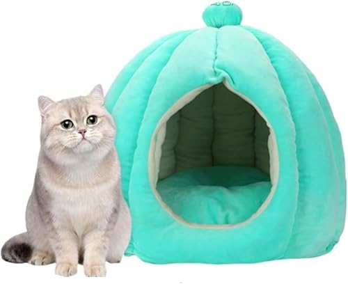 Süßes Kürbis-Katzenbett für Indoor-Katzen, gemütliches Haustiernest im Kürbis-Stil, Katzenhöhlenbett mit abnehmbarem Kissen, halbgeschlossenes Kürbis-Haustierzelt, kleines Hundehaus (S, Grün) von FZKun