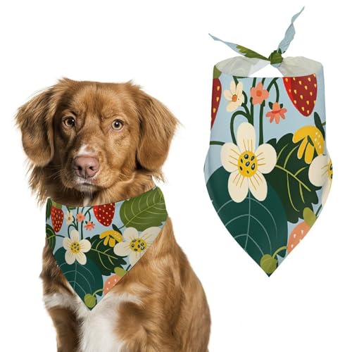 Hundehalstücher mit Erdbeeren und Blumen, bedruckt, Hunde-Lätzchen, waschbar, Polyester, Taschentuch, Dreieckstuch für kleine, mittelgroße und große Hunde von FZMVSQH