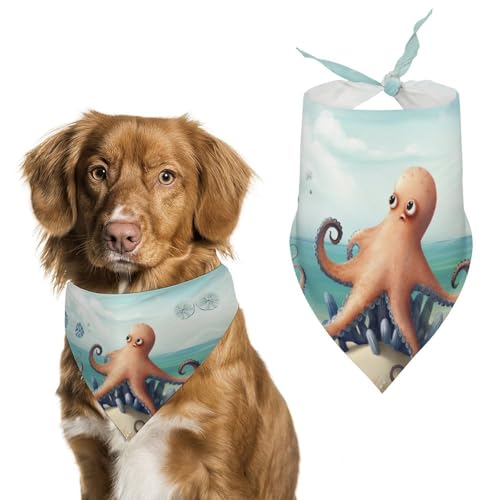 Hundehalstücher mit Strand, Oktopus, Seestern, bedruckt, Hunde-Lätzchen, waschbar, Polyester, Taschentuch, Dreieckstuch für kleine, mittelgroße und große Hunde von FZMVSQH