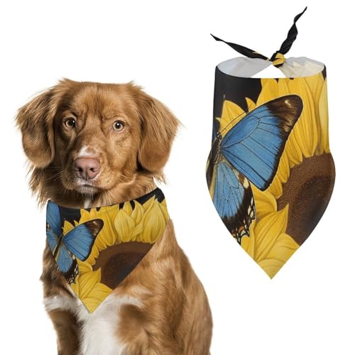 Hundehalstücher mit gelben Sonnenblumen mit blauen Schmetterlingen, bedruckt, Hunde-Lätzchen, waschbar, Polyester, Taschentuch, Dreieckstuch für kleine, mittelgroße und große Hunde von FZMVSQH