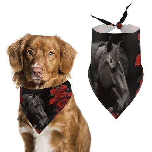 Hundehalstücher mit schwarzem Pferd auf einem Hintergrund von roten Rosen, bedrucktes Hundeschal, Hunde-Lätzchen, waschbar, Polyester, Taschentuch, Dreieckstuch für kleine, mittelgroße und große Hunde von FZMVSQH