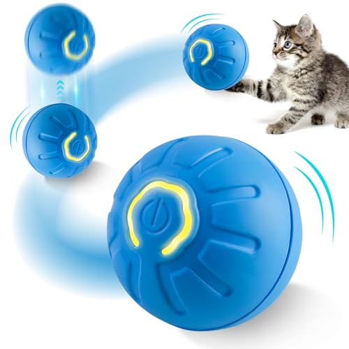 FZQBEY Katzenspielzeug Elektrisch Katzenball mit LED Licht, Katzen Spielzeug Ball Katzenspielzeug Selbstbeschäftigung, Automatischer 360 Grad Rollbal Interaktives Katzenspielzeug mit USB (Blau) von FZQBEY