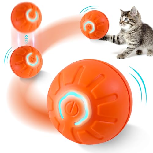 FZQBEY Katzenspielzeug Elektrisch Katzenball mit LED Licht, Katzen Spielzeug Ball Katzenspielzeug Selbstbeschäftigung, Automatischer 360 Grad Rollbal Interaktives Katzenspielzeug mit USB (Orange) von FZQBEY