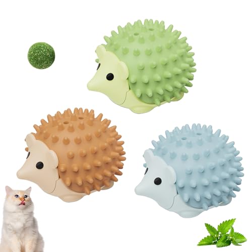 Hedgehog Weicher Katzen Bürste mit Katzenminze Ball, Selbstbeschäftigung Katzenspielzeug Ball, Katzenminze Spielzeug Bälle, Catnip Wand Bälle für Katzen Lecken,Massage Ecke Katze Bürste Wand (3 Stück) von FZQBEY