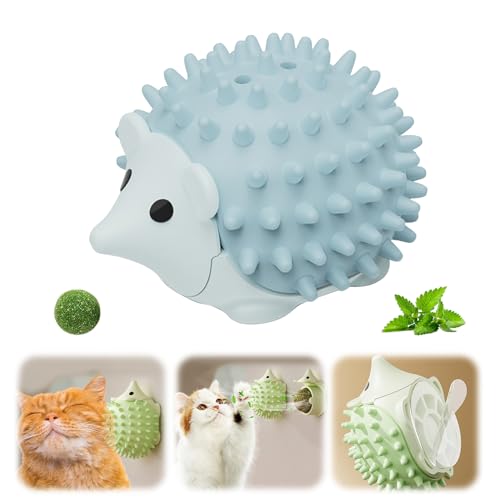 Hedgehog Weicher Katzen Bürste mit Katzenminze Ball, Selbstbeschäftigung Katzenspielzeug Ball, Katzenminze Spielzeug Bälle, Catnip Wand Bälle für Katzen Lecken,Massage Ecke Katze Bürste Wand (Blau) von FZQBEY