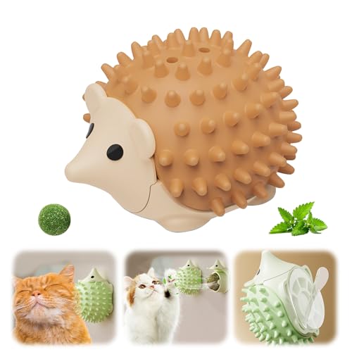 Hedgehog Weicher Katzen Bürste mit Katzenminze Ball, Selbstbeschäftigung Katzenspielzeug Ball, Katzenminze Spielzeug Bälle, Catnip Wand Bälle für Katzen Lecken,Massage Ecke Katze Bürste Wand (Gelb) von FZQBEY