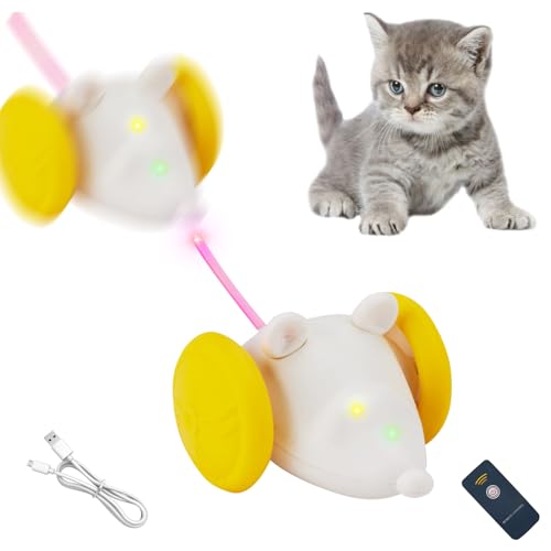 Katzenspielzeug Elektrisch Spielmaus, Spielmäuse für Katze mit Leuchtschwanz, Interaktive Katzen Spielzeug Maus mit USB Kabel und Fernbedienung, Mäuse Katzenspielzeug Selbstbeschäftigung (Gelb) von FZQBEY