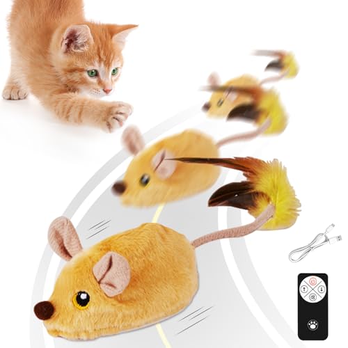 Pfotenmond Magie Maus, Magic Maus Katze, Katzenspielzeug Elektrisch Spielmaus mit Federschwanz, Katzenspielzeug Mäuse Elektrisch mit LED Licht, Spielmäuse Interaktive Spielzeug Maus für Katze (A) von FZQBEY