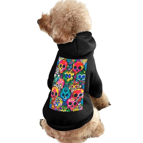 Warmer Hundepullover für Hunde und Katzen, Winter-Hundemantel mit Kapuze, weiche Haustierkleidung, Größe XS-XXL, kaltes Wetter, bunte Totenköpfe, Hundejacke für kleine, mittelgroße Hunde und Katzen von FZQVSGW