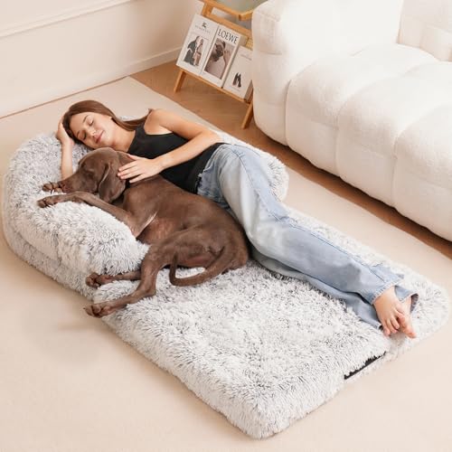 FZYSFZ Faltbares Hundebett, 180,3 x 114,3 x 30,5 cm, orthopädisch, waschbar, für Menschen und Haustiere, Kunstfell-Plüsch-Hundebett für menschliche Erwachsene, zum Einschlafen mit Decke, Grau von FZYSFZ