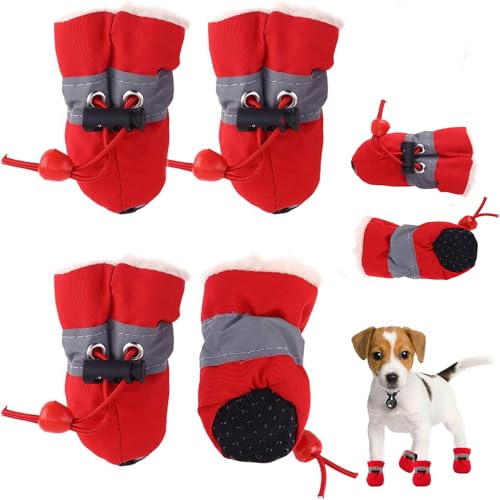 Hundeschuhe FaJoek 4 pcs Wasserdicht Hundeschuhe mit Reflektierenden Riemen,Hundeschuhe Pfotenschutz,Anti-Rutsch Hunde Pfotenschutz,Pfotenschutz für Hunde Winter,für Kleine Hunde (Rot, #3) von FaJoek