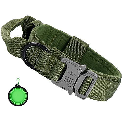 Faankiton Taktisches Hundehalsband Militärisches Hundehalsband Verstellbar mit Kontrollgriff, Militär-Hundehalsband Nylon mit Metallschnalle für Hunde mit Einem Faltbaren Hundenapf (L, Grün) von Faankiton