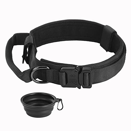 Faankiton Taktisches Hundehalsband Militärisches Hundehalsband Verstellbar mit Kontrollgriff, Militär-Hundehalsband Nylon mit Metallschnalle für Hunde mit Einem Faltbaren Hundenapf (L, Schwarz) von Faankiton