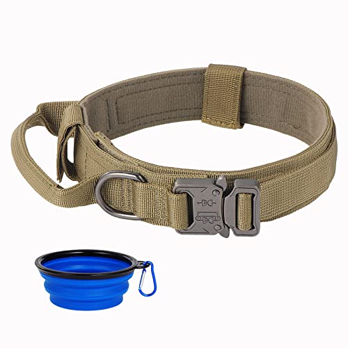 Faankiton Taktisches Hundehalsband Militärisches Hundehalsband Verstellbar mit Kontrollgriff, Militär-Hundehalsband Nylon mit Metallschnalle für Hunde mit Einem Faltbaren Hundenapf (XL, Braun) von Faankiton