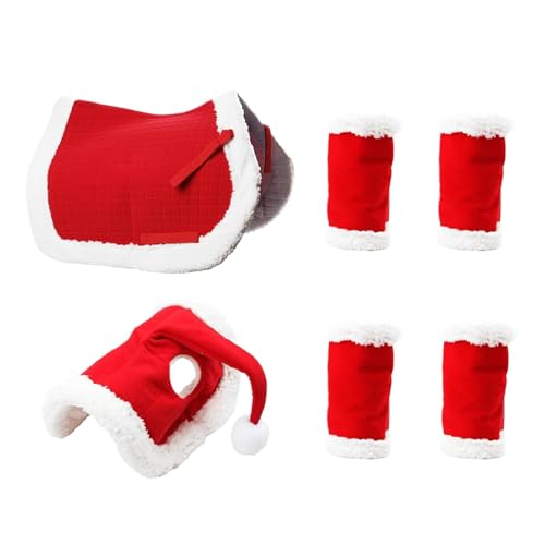 Factorys Pet Weihnachts-Pferdeausrüstung, 6-teiliges Set, wärmend für den Winter (1 Stück, 1 Stück Sattelunterlage, 4 Stück Beinwickel für Pferde) (Red, 48X40CM) von Factorys