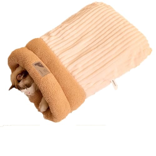 Katze Winter Schlafsack, Katzenschlafsack für Zimmerkatzen, weicher Plüsch großer Katzensack selbstwarmes Katzenbett, 360 ° Wrap Komfortabler Halbgeschlossenes Haustierschlafbett (Beige, L) von Factorys