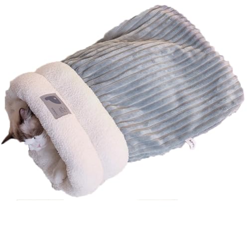 Katze Winter Schlafsack, Katzenschlafsack für Zimmerkatzen, weicher Plüsch großer Katzensack selbstwarmes Katzenbett, 360 ° Wrap Komfortabler Halbgeschlossenes Haustierschlafbett (Grau, L) von Factorys