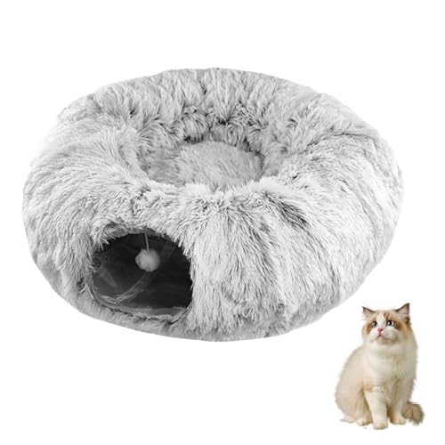 Plüsch Katzentunnel Rund Mit Schlafplatz, Katzenspielzeug für Indoor-Katzen, Weiches Katzenbett, Großer Katzentunnel Rascheltunnel Für Katzen Donut Form (Grau) von Factorys