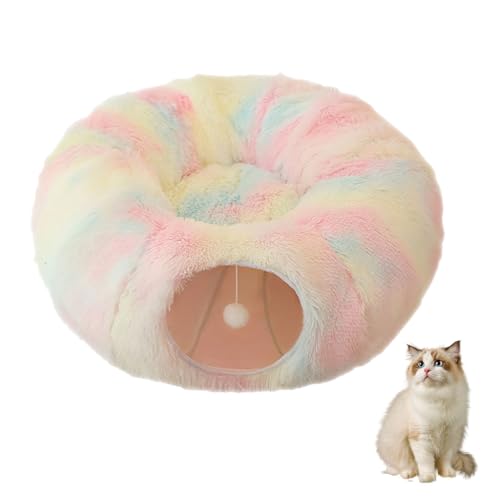 Plüsch Katzentunnel Rund Mit Schlafplatz, Katzenspielzeug für Indoor-Katzen, Weiches Katzenbett, Großer Katzentunnel Rascheltunnel Für Katzen Donut Form (Rosa) von Factorys