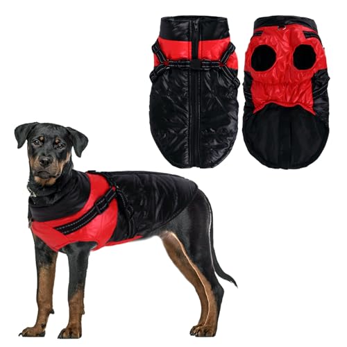 Warme Hunde Jacke,Reflektierend Winddichte Wintermantel Welpe Anpassbar Hündchenjacke Winterweste Jacken Puffer Pet Kleidung Wasserdichter Hundemantel für Mittlere Große Hunde(2XL,Rot-schwarz) von Fadcaer