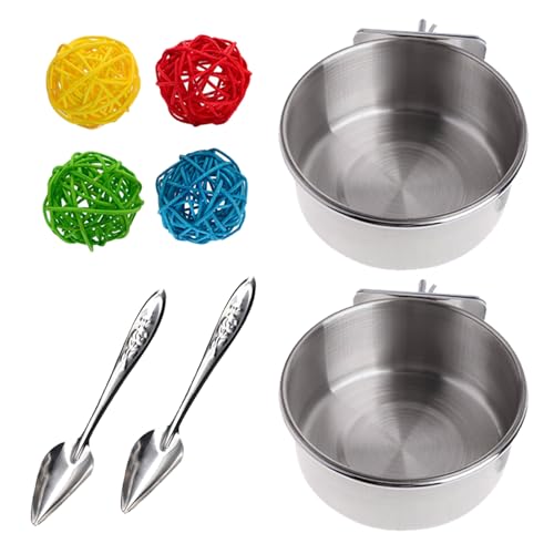 Vogelfutterschalen-Set, Edelstahl, für Papageien, Futter und Wasser, Löffel, bunte Rattan-Kugeln, Vogelspielzeug, Vogelkäfig-Zubehör für Papageien, Nymphensittiche, Wellensittiche, 8-teilig von Fadcaer