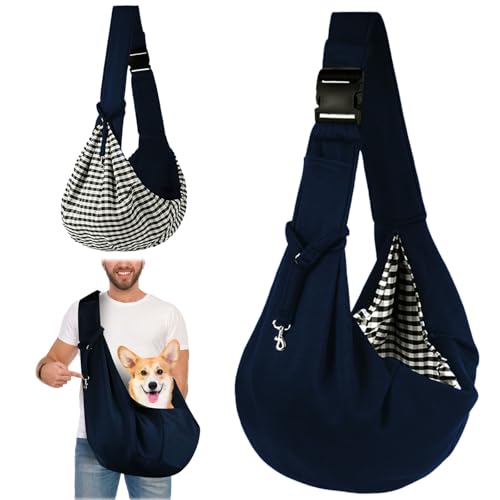 FainFun Tragetasche Hund, Umhängetasche für Haustiere, Reversibel Kleine Hundetrage bis 7KG, Einstellbar Pet Tragetuch für Hund, Hundetragetasche für Spaziergänge/Aktivitäten im Freien (Dunkelblau) von FainFun