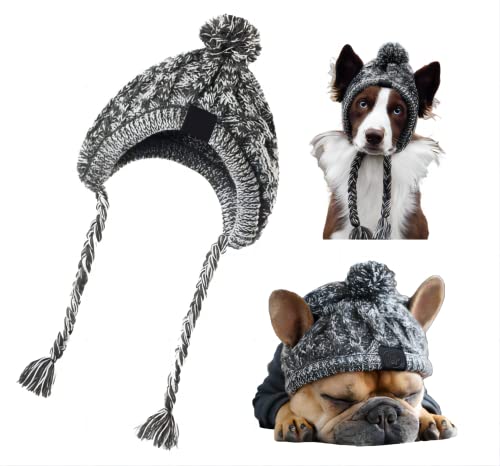 Haustier Pompom Strickmütze, FainFun Gestrickte Warm Winddicht Hundemütze, Winddichte Haustier Kopfbedeckung für Winter, Graue Gestrickte Hund Kappen, Flauschige Warme Hundehut mit Langem Zopf, M von FainFun