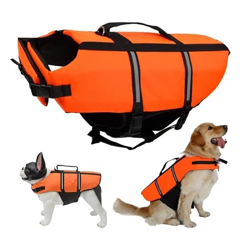 Schwimmweste Hund, FainFun Schwimmweste Hund Orange, Schwimmweste für Klein und Groß Hunde Ripstop und Reflektierende, Verstellbare Größe mit Starkem Auftrieb und Schwimmen Rettungsgriff (Orange, 2XL) von FainFun