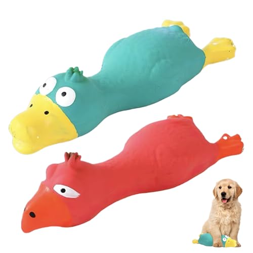 Quietschende Hunde-Latex-Bälle in niedlicher Entenform, Kauspielzeug, weiches Latex-Hundespielzeug mit Zahnreinigungsdesign für Welpen, kleine Hunde, drinnen und draußen, zum Spielen (blau und rot), 2 von Falafoty