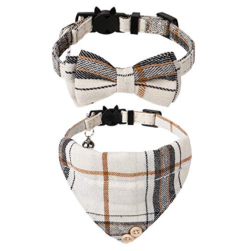 Faleela Katzenhalsband Bandana-Glöckchen Set – 2/1 Pack Breakaway mit niedlicher Fliege und Glöckchen, verstellbar von 19 - 27 cm, weich bequem für Kitty einige Welpen (Beige Schleife + Bandana) von Faleela