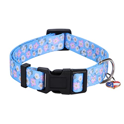 Faleela Verstellbares Hundehalsband mit Mustern, Schnellverschluss-Schnalle, spezielles Design, niedliches Mädchen-Halsband für kleine, mittelgroße und große Hunde (groß, blaue Blüten) von Faleela