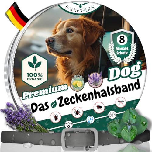 Falkenblick® Das Zeckenhalsband für Hunde 100% Pflanzliches Premium Öl Wirkungsvoller Schutz gegen Zecken Flöhe Mücken Läuse Ungeziefer Lavendel Zitroneneukalyptus - 8 Monate Wirkungsdauer von Falkenblick