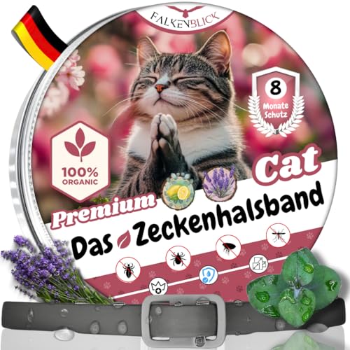 Falkenblick® Das Zeckenhalsband für Katzen 100% Pflanzliches Premium Öl Wirkungsvoller Schutz gegen Zecken Flöhe Mücken Läuse Ungeziefer Lavendel Zitroneneukalyptus - 8 Monate Wirkungsdauer von Falkenblick