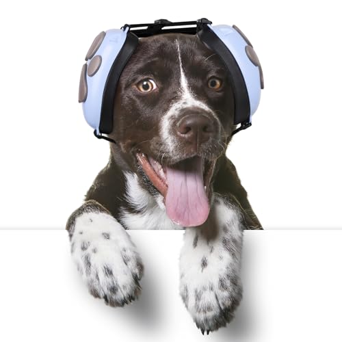 Famikako 2024 Newly Dog Ohrenschützer Lärmschutz, Geräuschunterdrückung Kopfhörer für Hunde, 22dB NRR Hundeohrenschützer, Hundepfoten-Design für Gehörschutz Donner, Feuerwerk (XL, Hellblau-Grau) von Famikako