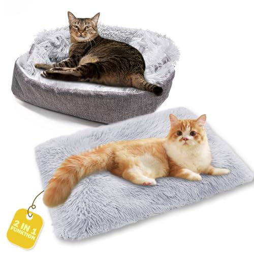 Fanchu Katzenbett, 2 in 1 Plüsch Weich Haustierbett, Katzensofa Flauschige Katzenbett Klein Hund Bett Haustierbett Katzendecke katzenbettchen Tierbett für Katzen und Kleiner Hund (Hellgrau) von Fanchu