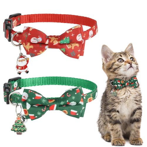 Fanshiontide Weihnachts Katzenhalsband mit Schleife und Glocken Anhänger, 2 Stück Verstellbares Katzen Halsbänder Weihnachts-Katzen-Hundehalsband für Kätzchen und Welpen Weihnachtszubehör von Fanshiontide