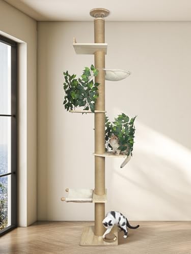 Katzenbaum vom Boden bis zur Decke, verstellbare Höhe 240 - 320 cm hoch und 11,4 cm verdickter Pfosten, großer Katzenbaumturm für Indoor-Katzen, modern von Fantasreen