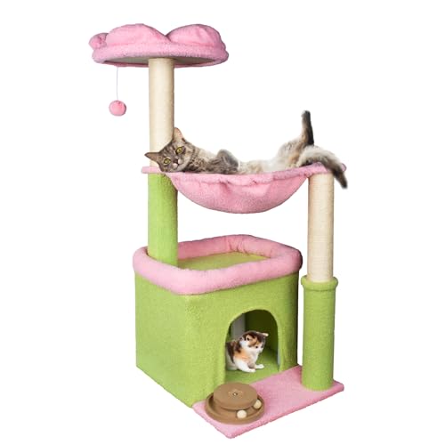 Moderner Katzenbaum mit hängendem Spielzeug, Katzenhütte mit rosa Blumen-Sitzstange für Kätzchen, Erwachsene, Katzen, Rosa von Fantasreen