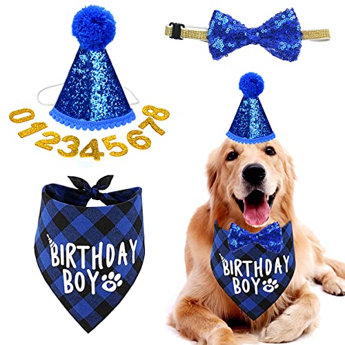 Hund Geburtstag Hut, Hund Party Hut mit Fliege Halsband und Gold Nummer, Hund Geburtstag Bandana Hut Fliege Set, Wiederverwendbare Hund Katzen Geburtstag Kappe für Haustier Welpe Katze Geburtstag Party Dekorationen (Blau) von Fantasyon