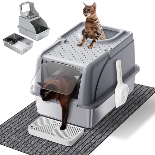 Katzentoilette aus Edelstahl mit Deckel für große Katzentoilette oben und vorne, 2-türig, mit Kapuze, extra großes Gehäuse und offenes 2-Modus, abgedecktes Metall-Klo mit Streuschaufel und von Fantasyon