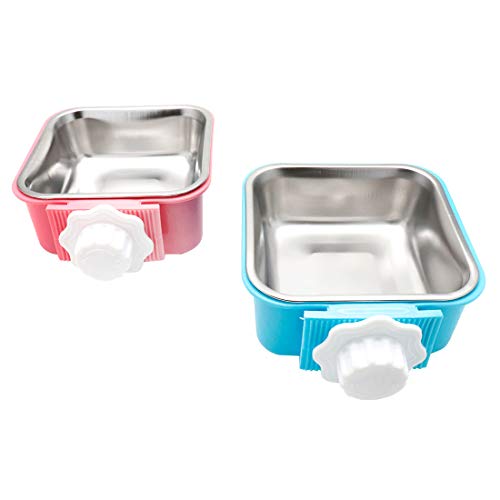 FarBoat 2 x Futternapf für Katzen und Hunde, abnehmbarer Käfig zum Aufhängen mit Futter und Wasserspender für Kätzchen, Welpen, Vögel, Ratten, Meerschweinchen (Rosa, Blau, Quadratisch) von FarBoat