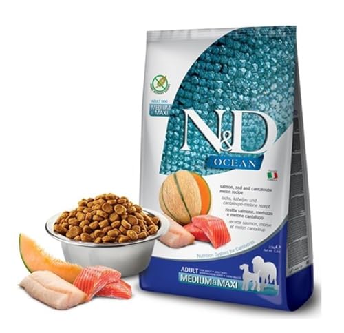 Farmina N&D Ocean Adult Medium Pellets Hundefutter (Trockenfutter, mit hochwertigen Vitaminen und natürliche Antioxidantien, ohne Mais, Zutaten: Lachs, Kabeljau und Melone, Portionsgröße: 2,5 kg) von Farmina Natural & Delicious