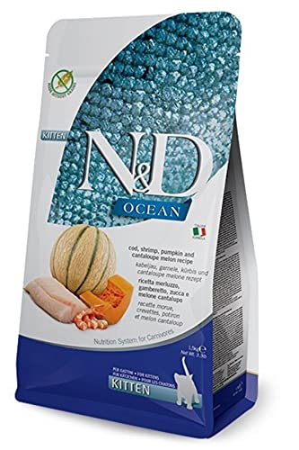 Farmina N&D Ocean Kitten Pellets Katzenfutter(Trockenfutter, mit hochwertigen Vitaminen und natürliche Antioxidantien, ohne Mais, Zutaten: Kabeljau, Garnelen und Honigmelone, Portionsgröße: 1,5 kg) von Farmina Natural & Delicious