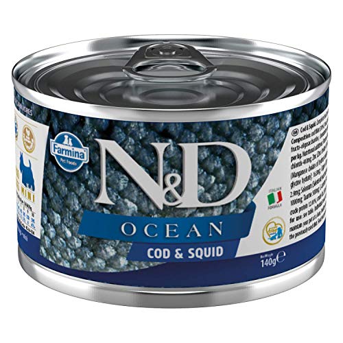 Farmina N&D Ocean Mini Pastete Hundefutter (Nassfutter, mit hochwertigen Vitaminen und natürliche Antioxidantien, ohne Mais, Zutaten: Kabeljau, Tintenfisch, Portionsgröße: 140 g) von Farmina Natural & Delicious