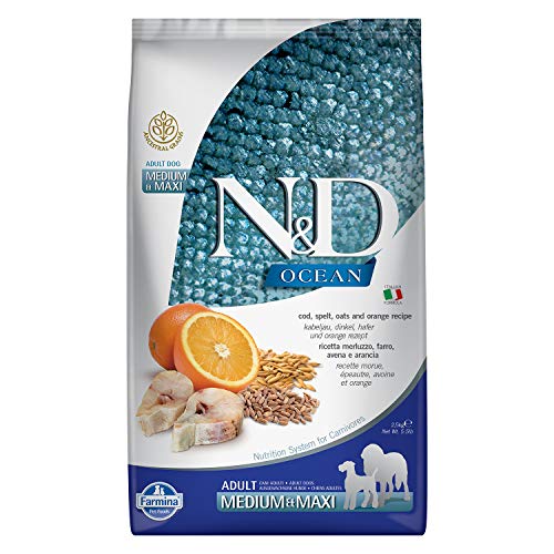 Farmina N&D Ocean Pellets Hundefutter (Trockenfutter, mit hochwertigen Vitaminen und natürliche Antioxidantien, ohne Mais, Zutaten: Kabeljau, Dinkel, Hafer und Orange, Portionsgröße: 2,5 kg) von Farmina Natural & Delicious